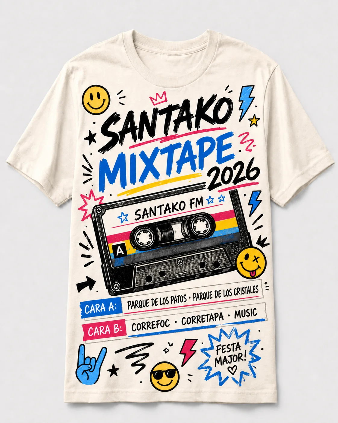 Camiseta estilo Mixtape con cassette y colores vivos